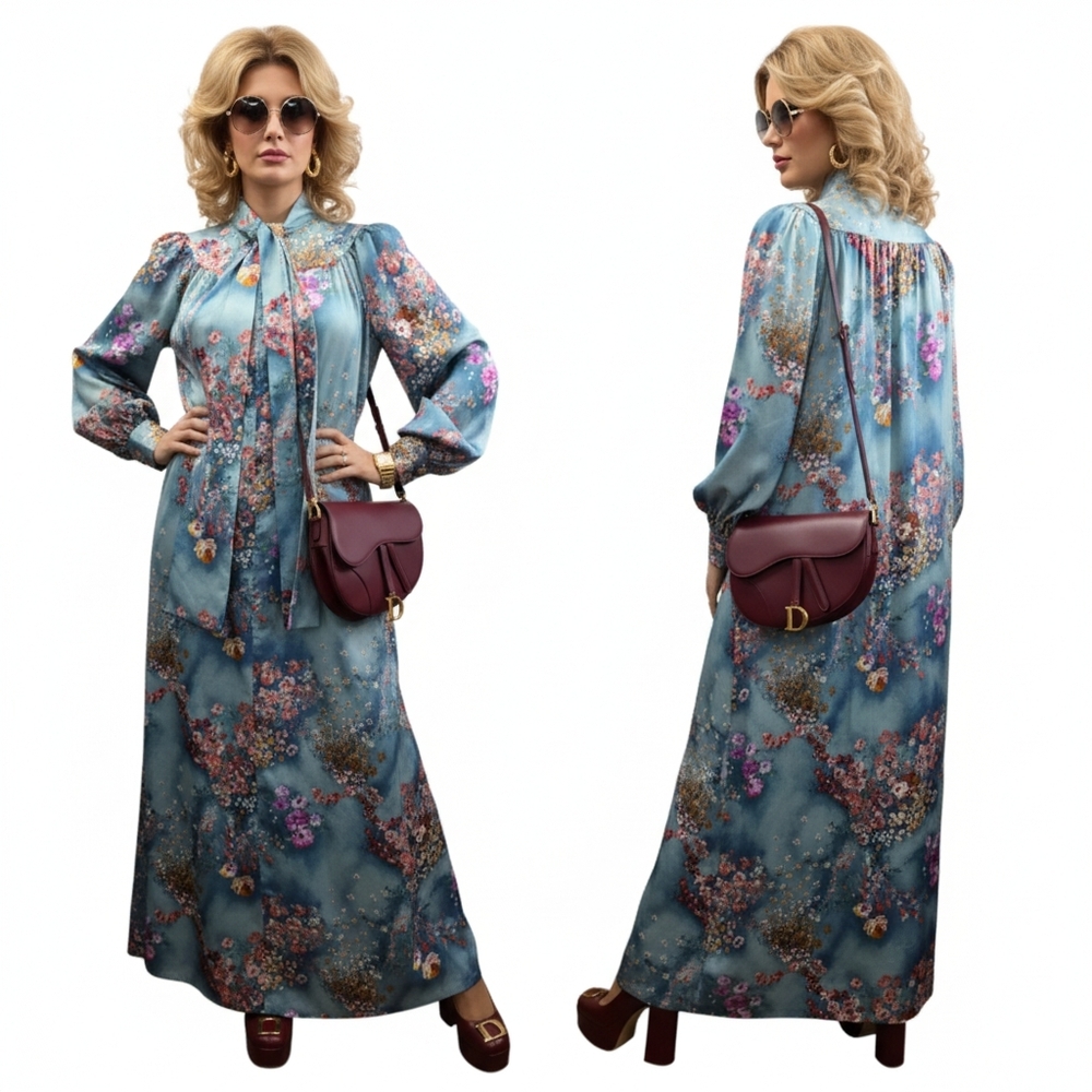 VTG 70s Christian Dior Canada Floral Maxi Robe ​Lavallière Gown Size S - Picture 4 of 10